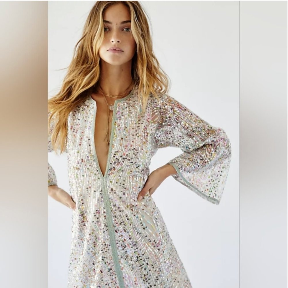 2x🎉HP Anna Sui Anthropologie Metallic Silver Sequin Mini Dress Retrofete Style - Picture 11 of 15